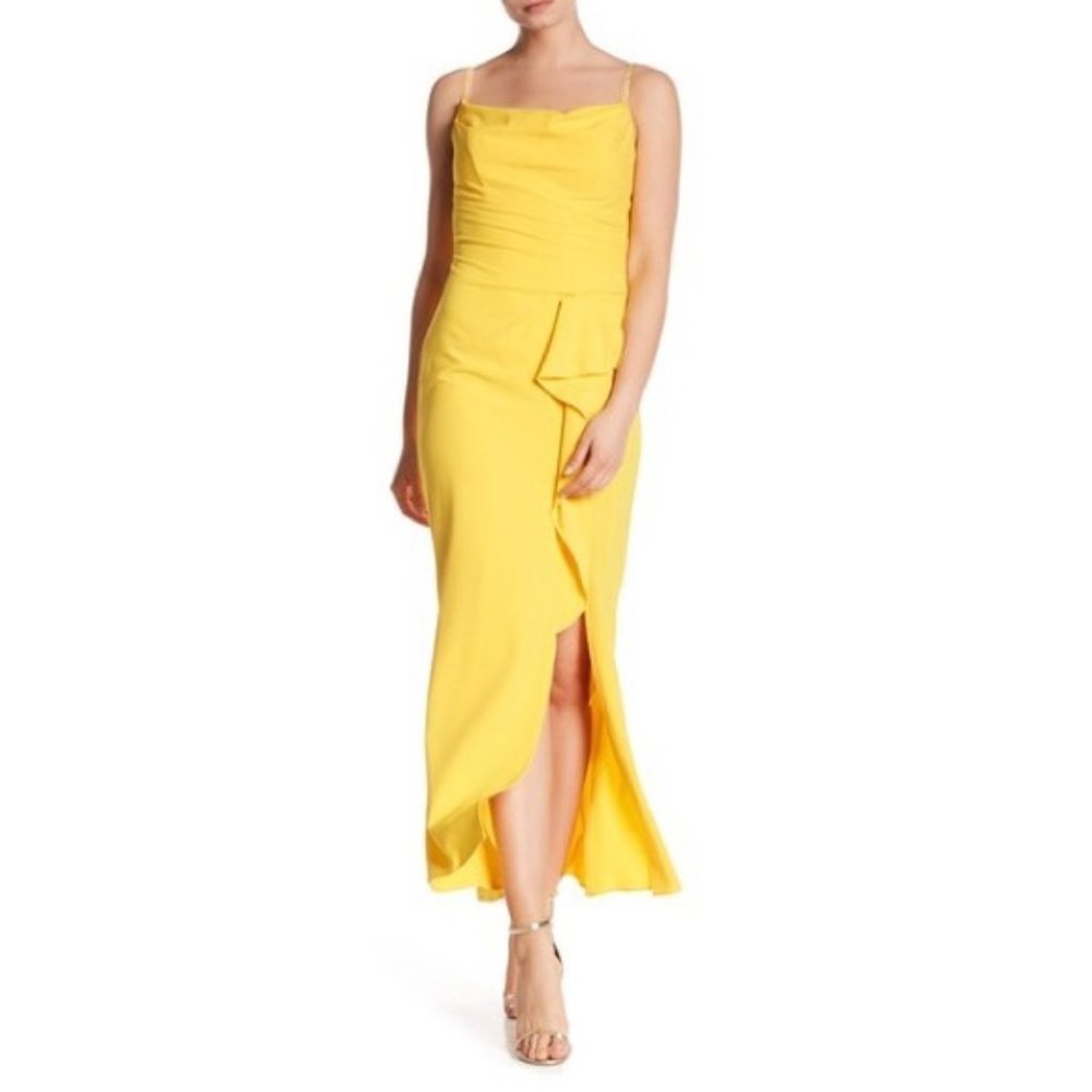 Marina cascading ruffle gown in yellow, Sz4 Small